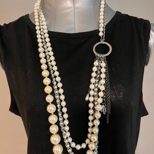 Elegant Multi-Strand Pearl Necklace - Ivory Faux Pearls with Silver Accents